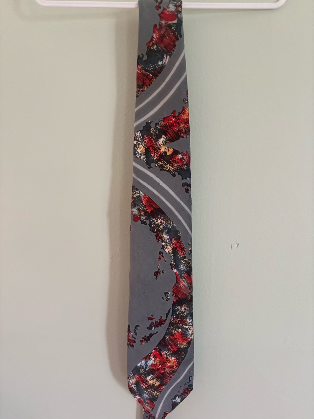 Vintage 1970s Yves Saint Laurent Gray Tie with Red Accent Abstract Pattern